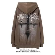 Sudadera con capucha color crema de 400 GSM de gramaje pesado – Gráfico de cruz gótica en la espalda – Sudadera oversize estilo streetwear con tipografía estética Y2K y cuello redondo - Product Image 2