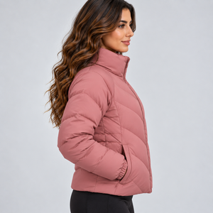 Chaqueta Acolchada para Mujer, Color Rosa, Cuello Alto, Cierre Completo, Abrigo de Invierno, Color Sólido, Logotipo Frontal, Ligera - Product Image 2