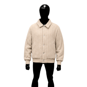 Chaqueta Varsity de Lana con Rayas Beige Personalizada para Hombre, Chaqueta Bomber con Puños Acanalados, Cierre de Botones, Ropa de Calle de Invierno, Venta al Por Mayor, Corte Casual - Product Image 1