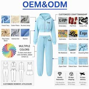 Ensemble deux pièces décontracté pour femme : sweat à capuche court zippé en polaire et pantalon de jogging à manches longues, personnalisable avec logo - Product Image 3