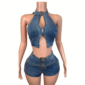 2026 Women's Shorts <b>Sets</b> Summer Trending Women's Casual Jean <b>Sexy</b> Halter Top and Shorts Knitting Fabric Two-Piece <b>Set</b> - Product Image 6
