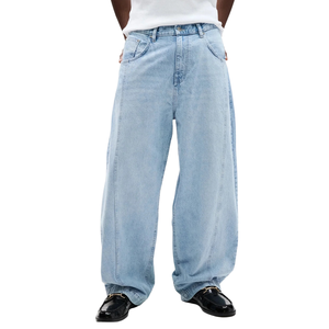 Pantalones vaqueros casuales de hombre azules transpirables de secado rápido, de pierna ancha, corte holgado y relajado, de mezclilla lavada, de algodón, con cinco bolsillos y cierre de botón, tiro medio. - Product Image 1