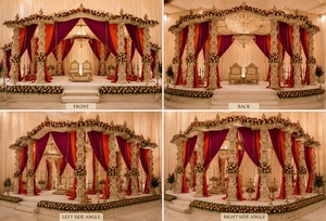Mandap de madera de diseño exquisito para bodas jaines, elegante mandap de madera con cortinas moradas y naranjas para decoración de bodas en EE. UU. - Product Image 6