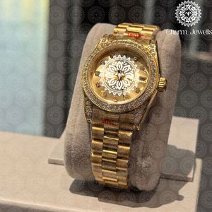Charm Jewells Luxury Women's Gold <b>Watch</b> <b>Diamond</b> Bezel Analog Quartz Round 36mm Folding Clasp - Product Image 4