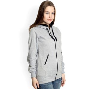 Sweat-shirt gris à capuche zippé pour femme, manches longues, en mélange de coton tricoté, pull décontracté avec poches pour l'automne - Product Image 5