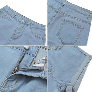 Short en jean taille haute pour femme, bleu clair uni, avec revers, cinq poches, fermeture boutonnée, décontracté, respirant, délavé, coupe droite - Product Image 5