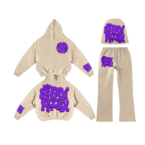 Survêtements personnalisés en coton épais avec impression en relief, ensembles de survêtements jogger, pantalons évasés et ensembles de sweats à capuche 500 g/m² pour hommes - Product Image 1