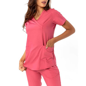 Conjunto de Uniforme Médico Unisex Rosa, Top de Manga Corta con Cuello en V y Bolsillos, Pantalones Rectos, Uniformes de Hospital, Mezcla de Algodón y Poliéster Tejido, Personalizable - Product Image 4