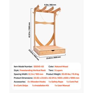 Porta Tavole da Surf Verticale a 3 Livelli in Legno, Espositore Autoportante con Soluzione di Stoccaggio e Appendiabiti - Product Image 3