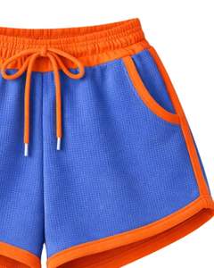 Ensemble décontracté deux pièces pour femme, comprenant un crop top à capuche zippé et un short, bicolore orange et bleu, en polyester et coton, vêtements de détente, vente en gros personnalisée - Product Image 6