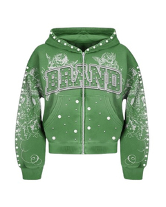 Sweat à capuche OEM personnalisé avec fermeture éclair, broderie effet pierres précieuses, paillettes, délavé soleil, vintage, vieilli, délavé à l'acide, strass diamant - Product Image 3