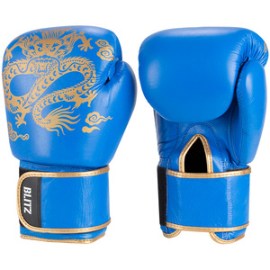 Gants de boxe unisexes en cuir bleu respirant avec impression de dragon doré pour fermeture, logo personnalisé, équipement d'entraînement pour adultes - Product Image 5