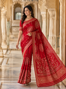 CHOHAN TEXTILE <b>Red</b> Moonga Silk <b>Saree</b>-Vintage Style Floor-Length Bridal Party Wear Hand Embroidery Zari Border Wrinkle-Free - Product Image 1