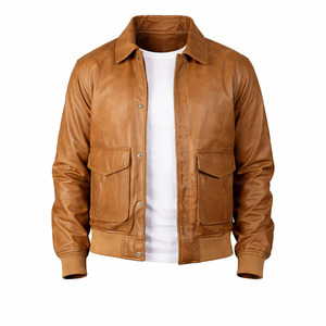 Chaqueta de Cuero Vacuno Genuino de Primera Calidad para Hombre, Estilo Bomber, para Motocicleta, Color Marrón, con Logotipo Frontal en Tela de Lona, para Invierno - Product Image 4