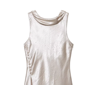 Elegante Vestido Mini Asimétrico de Satén sin Mangas con Cuello Drapeado y Detalle de Botones para Fiestas - Product Image 2