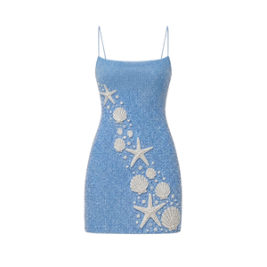 Women's Sleeveless <b>Square</b> Neck Beaded Shark Pattern Mini Swim Cover Up Dress with Ocean Inspired Waves Design Bodycon Cover Ups - Product Image 5