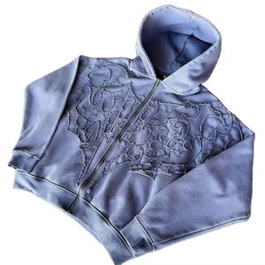 Sudadera con capucha morada Y2K personalizada para hombre, con cremallera, apliques, estilo urbano, oversize, lavado ácido, efecto desgastado, de forro polar y algodón grueso - Product Image 1