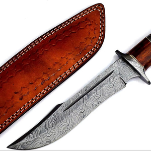 Cuchillo Bowie Hecho a Mano de Acero de Damasco con Borde Parcialmente Dentado de 0.35mm de Grosor para Caza y Camping al Aire Libre, Mango de Madera de Palisandro y Funda de Cuero - Product Image 4
