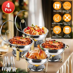 Juego de 4 Recipientes Redondos de Acero Inoxidable de 4.76QT para Buffet, con Tapa de Vidrio, para Calentar y Mantener la Comida Caliente - Product Image 2