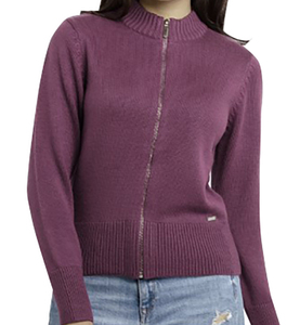 Pull décontracté unisexe violet en nylon/acrylique jacquard à col rond et manches longues, toutes saisons, couleur unie, anti-boulochage, fermeture éclair sur le devant - Product Image 2