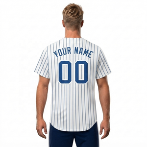 Custom Baseball <b>Jersey</b> Men's <b>White</b> Blue Striped <b>Short</b> Sleeve Breathable Sublimated Print Teamname 00 Regular Fit All Seasons - Product Image 4
