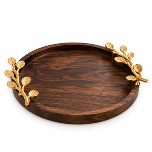 Bandeja Redonda de Madera de Lujo con Asas Metálicas de Hoja de Oro, Plato Decorativo para Mesa de Centro, Bandeja Central al por Mayor - Product Image 1