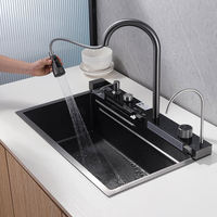 Évier de cuisine simple fait main en acier inoxydable 304, finition brossée, cascade, multifonction, à encastrer, quatre trous, robinet en laiton