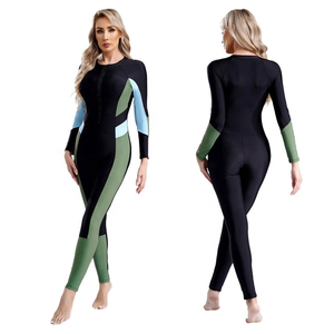 Maillot de bain une pièce pour femme, style pantalon, color block, manches longues, fermeture éclair sur le devant, extensible, en Spandex et Nylon, pour la plage - Product Image 1