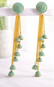 Pendientes Largos Tradicionales Indios de Lujo Polki Kashmiri, de Aleación de Zinc Chapada en Oro, con Cristales y Diamantes de Imitación, Estilo Étnico, para Novia y Boda - Product Image 2