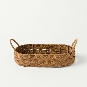 Bandeja ovalada de ratán tejido de estilo rústico moderno para desayuno, comedor y organización del hogar, con asas, hecha a mano con mimbre natural. - Product Image 2
