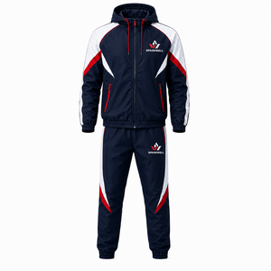 Custom <b>Men</b> Navy Red <b>White</b> Color Block Hooded Tracksuit Full Zip <b>Jacket</b> Drawstring Pants Polyester Regular Fit Autumn Sportswear - Product Image 3
