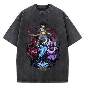 T-shirt vintage en coton délavé pour homme, style streetwear, avec imprimé graphique Anime Solo Leveling, coupe ample, manches courtes - Product Image 3