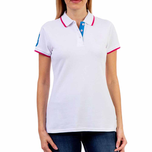 Polo blanc à manches courtes pour femme 2026, couleur unie, décontracté, en coton piqué tricoté respirant, longueur normale, logo sur la manche gauche - Product Image 1