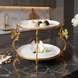 Support à gâteau à deux niveaux en métal doré, fait main, plateau de service multi-couches avec motif de feuilles décoratives - Product Image 4