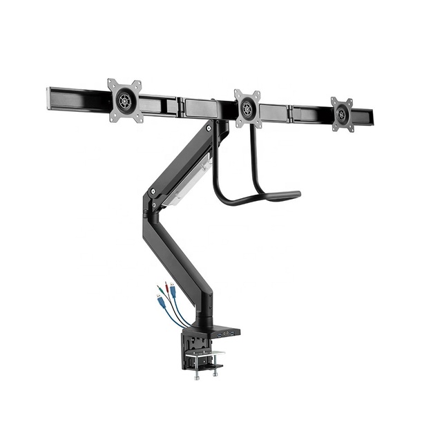 Aluminum Gas Spring Triple Height Adjustable Multi Three Long 3 Monitor Stand Arm With Handle for Office Desk Clamp