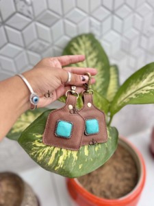 New Arrival 2026 Genuine Leather Key Rings Real Leather Turquoise Stone Western Stylish Key Chain Hot Sale <b>Mini</b> Bag - Product Image 1