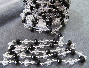 Clear Quartz and Black Spinel Rondelle Faceted 6mm Beaded <b>Wire</b> Wrapped Rosary Chain - Product Image 4