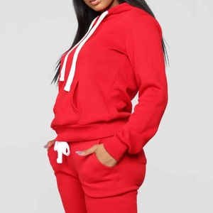 Women Plus Size Red Hooded Tracksuit Set Solid Color Cotton Casual Sweatshirt Pants Full Sleeve Loose Fit Autumn Wear - Product Image 5