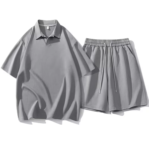 Men's Black Sporty Shirt Casual Set Summer Ice Silky Fiber Fabric Thin American-Style Lapel Short-Sleeve T-Shirt 2pcs Set Summer - Product Image 2