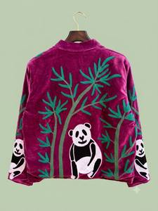 <b>Women's</b> Purple <b>Velvet</b> Zip Jacket Embroidered Panda Bamboo Stand Collar <b>Coat</b> - Product Image 6