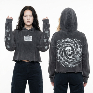 Sweat-shirt polaire personnalisé pour femme, coupe courte, couleur ivoire, avec imprimé graphique 'Blood Bag IV Skull', ourlet brut, style streetwear, vente en gros - Product Image 4