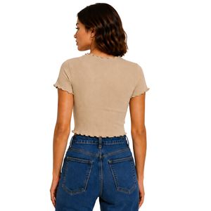 เสื้อครอปท็อปสีเบจแบบมีริบบิ้น แขนสั้น คอวี แต่งขอบระบาย ผ้าฝ้ายผสมสแปนเด็กซ์ ทรงเข้ารูป สไตล์ลำลอง สำหรับฤดูร้อน รับผลิตตามแบบ OEM - Product Image 2
