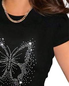 Camiseta Personalizada Negra para Mujer con Mariposa y Pedrería, Manga Corta, Informal, de Verano, Mezcla de Algodón, con Diseño Gráfico, OEM, Top de Moda para Dama - Product Image 2