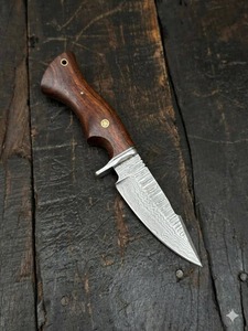 Cuchillo de Caza de Acero de Damasco con Punta Caída, Mango de Madera, Borde Biselado, Hoja Única de 0.6mm de Grosor, No Ajustable - Product Image 3