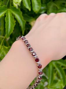 Natural Deep <b>Red</b> Garnet Tennis <b>Bracelet</b> Sterling Silver Gold Plated Dainty January Birthstone Vintage Style Jewelry Gift For Her - Product Image 3