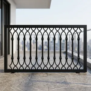 Barandilla Decorativa de Hierro Forjado Negro para Balcón con Diseño Geométrico Curvo, Barrera de Seguridad Resistente para Terraza de Casa o Villa - Product Image 6