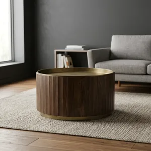 Round Fluted Wood Coffee <b>Table</b> with Brass <b>Tray</b> Top Metal Base Midcentury Modern Living Room Furniture - Product Image 1