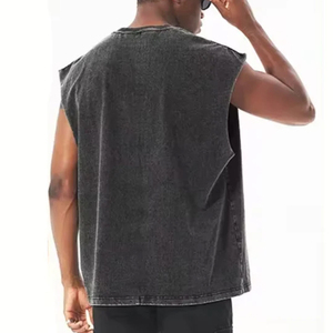 เสื้อกล้ามออกกำลังกายผ้าฝ้ายหนาน้ำหนักมากสำหรับผู้ชาย ไซส์ใหญ่ แฟชั่นสตรีทแวร์ฤดูร้อน เสื้อยืดแขนกุดทรงหลวม ขอบเสื้อแบบย้อมสีเอซิด - Product Image 5