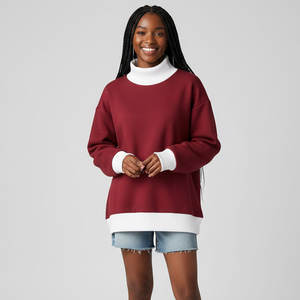 Nouveauté : Sweat-shirts à col montant en molleton 100 % coton épais, grande taille, coupe ample avec bord côtelé contrastant pour femme - Product Image 1