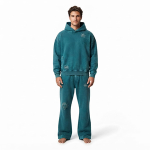 Men's Relaxed Fit Acid Wash Distressed Tracksuit Drop Shoulder Kangaroo Pocket Hoodie And <b>Wide</b> <b>Leg</b> <b>Jogger</b> Two Piece - Product Image 1